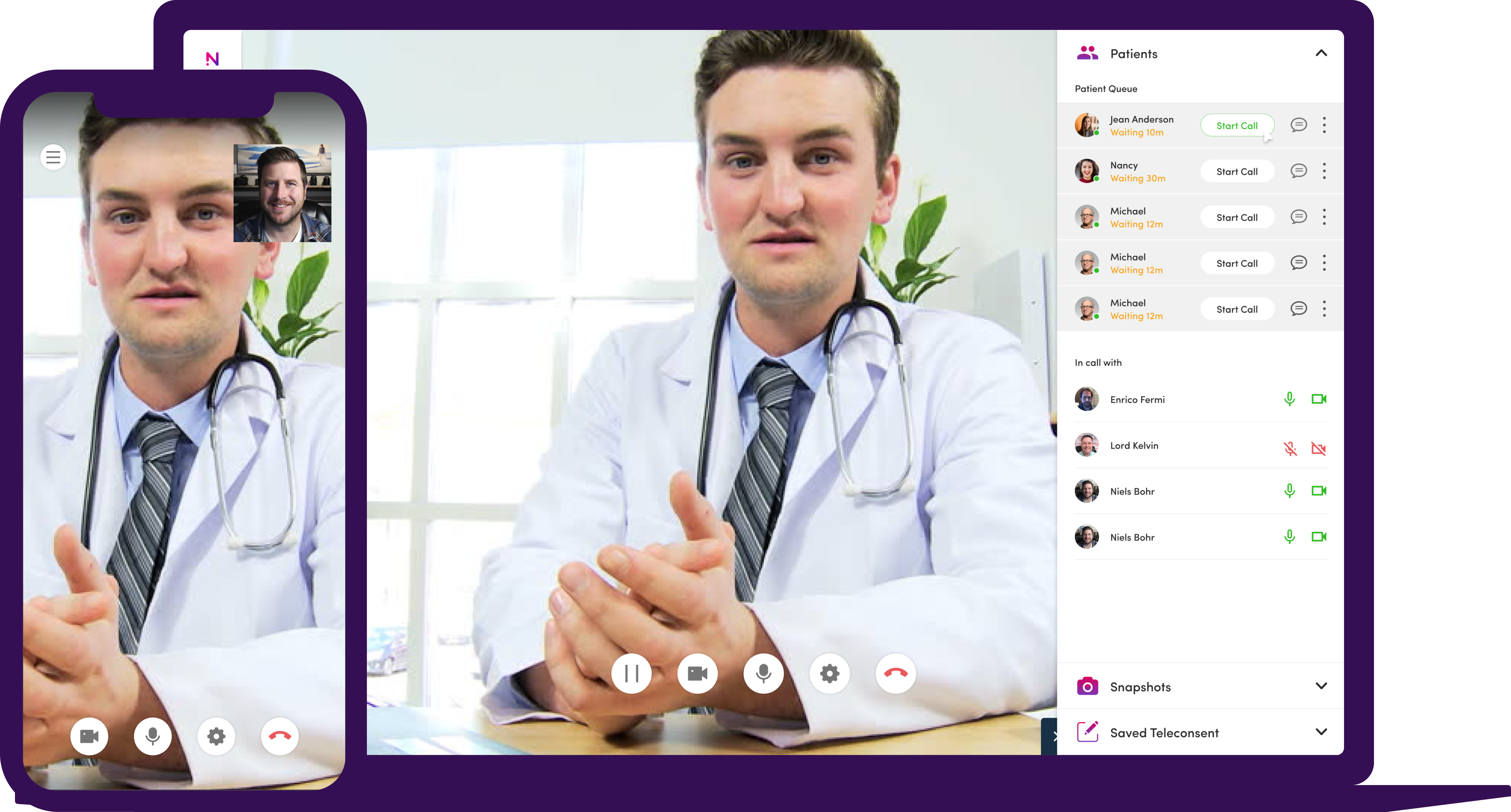 Patient queue user interface with a male doctor’s video stream on a laptop and smartphone